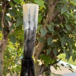 Authentic Hand-Carved Viking Drinking Horn with Vegvísir Compass & Rune Details | Premium Natural Buffalo Horn Mug with Stand