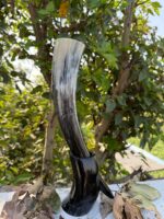 Authentic Hand-Carved Viking Drinking Horn with Vegvísir Compass & Rune Details | Premium Natural Buffalo Horn Mug with Stand - Image 3
