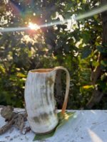 Handcrafted Viking Horn Mug with Engraved Celtic Bear | Authentic Natural Buffalo Horn Beer Stein with Wooden Base & Integrated Handle Viking tankard, Celtic bear mug, horn beer stein, game of thrones mug, Norse pagan gift, medieval drinkware, handmade horn mug. - Image 3
