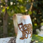 Handcrafted Viking Horn Mug with Engraved Celtic Bear | Authentic Natural Buffalo Horn Beer Stein with Wooden Base & Integrated Handle Viking tankard, Celtic bear mug, horn beer stein, game of thrones mug, Norse pagan gift, medieval drinkware, handmade horn mug.