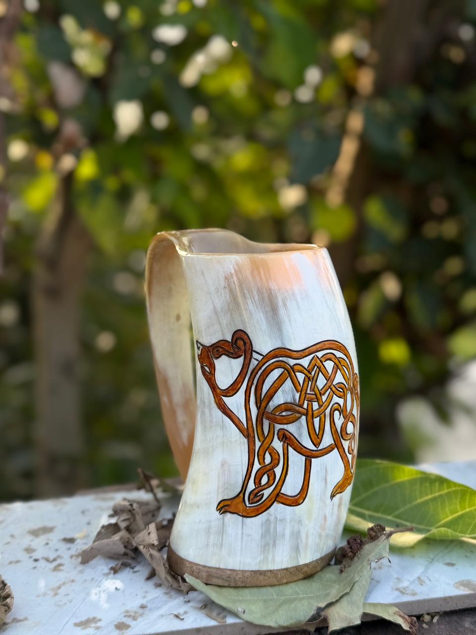 WhatsApp Image 2026-06-18 at 1.42.47 PM (2) Handcrafted Viking Horn Mug with Engraved Celtic Bear | Authentic Natural Buffalo Horn Beer Stein with Wooden Base & Integrated Handle Viking tankard, Celtic bear mug, horn beer stein, game of thrones mug, Norse pagan gift, medieval drinkware, handmade horn mug. - Image 1